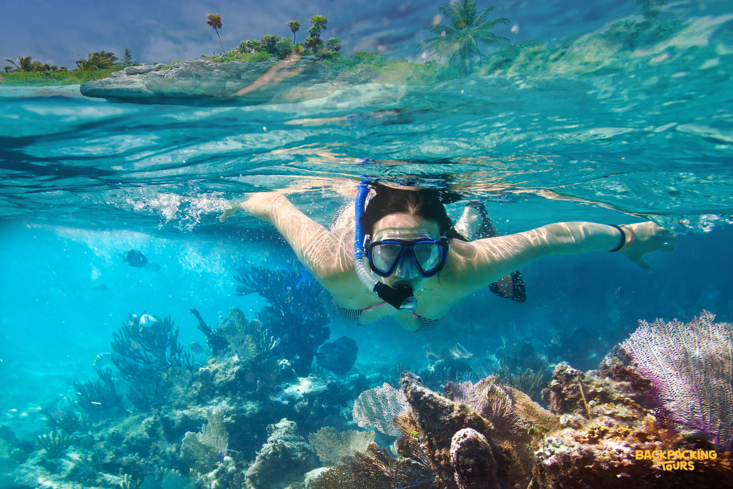 A person snorkels in the clear blue waters of Koh Tao, exploring vibrant coral reefs.