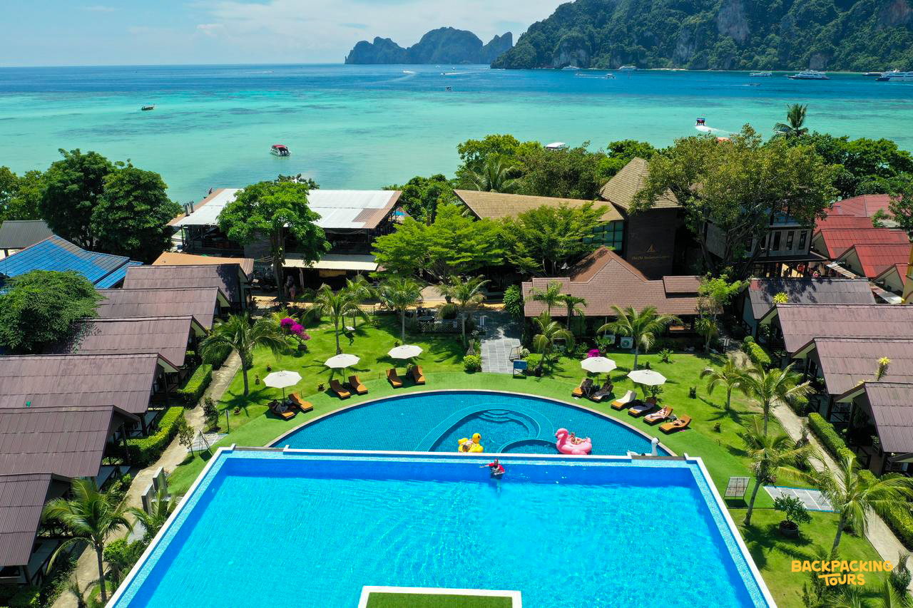 Aerial view of Andaman resort accommodation on Koh Phi Phi for the backpacking group