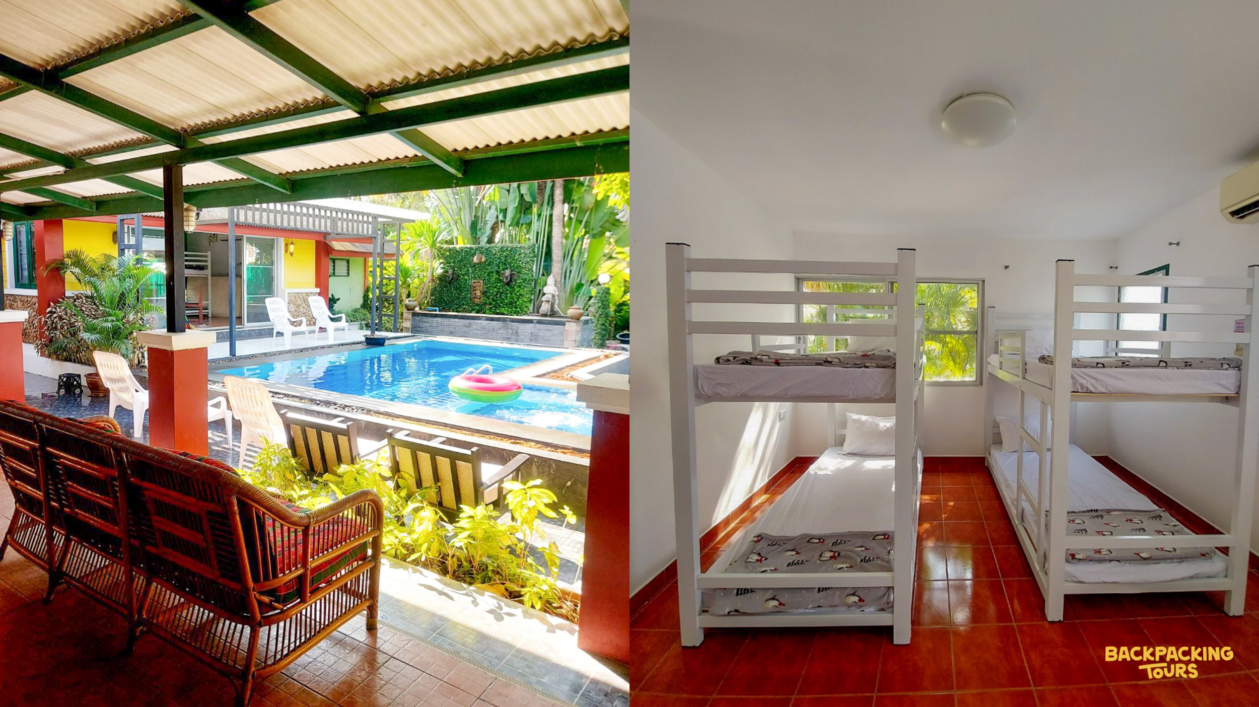 A vibrant outdoor pool area and a clean bunk bed dorm room in Hua Hin, Thailand.