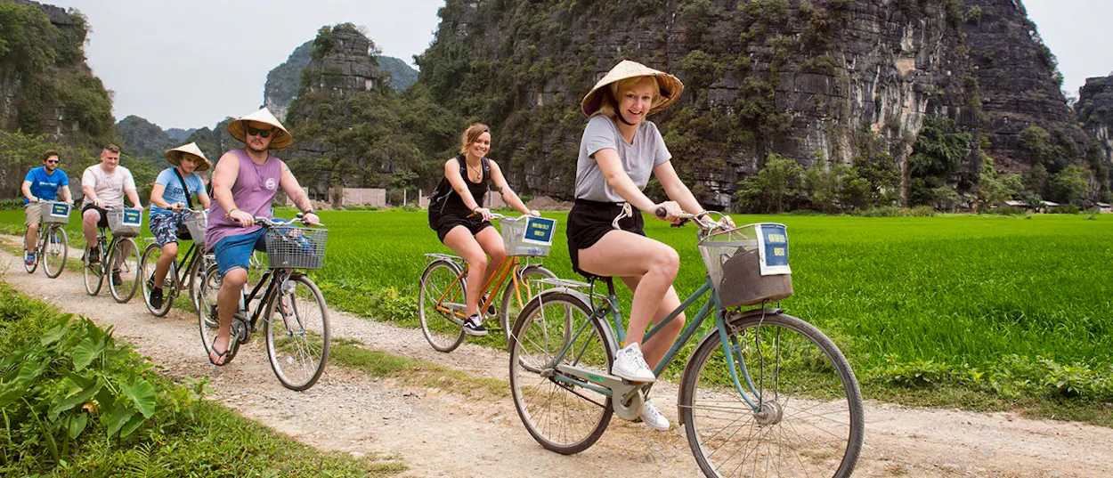Tourists cycle through vibrant green rice paddies with majestic limestone mountains in Ninh Binh, Vietnam.
